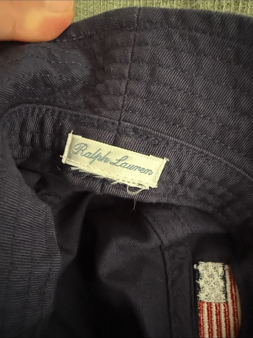 Ralph Lauren Navy Cotton Bucket Hat with Flag Accent
